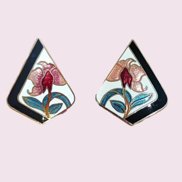 SOLD Vintage Cloisonne Floral Earrings by Sea Gems SG - Picture 1 of 11